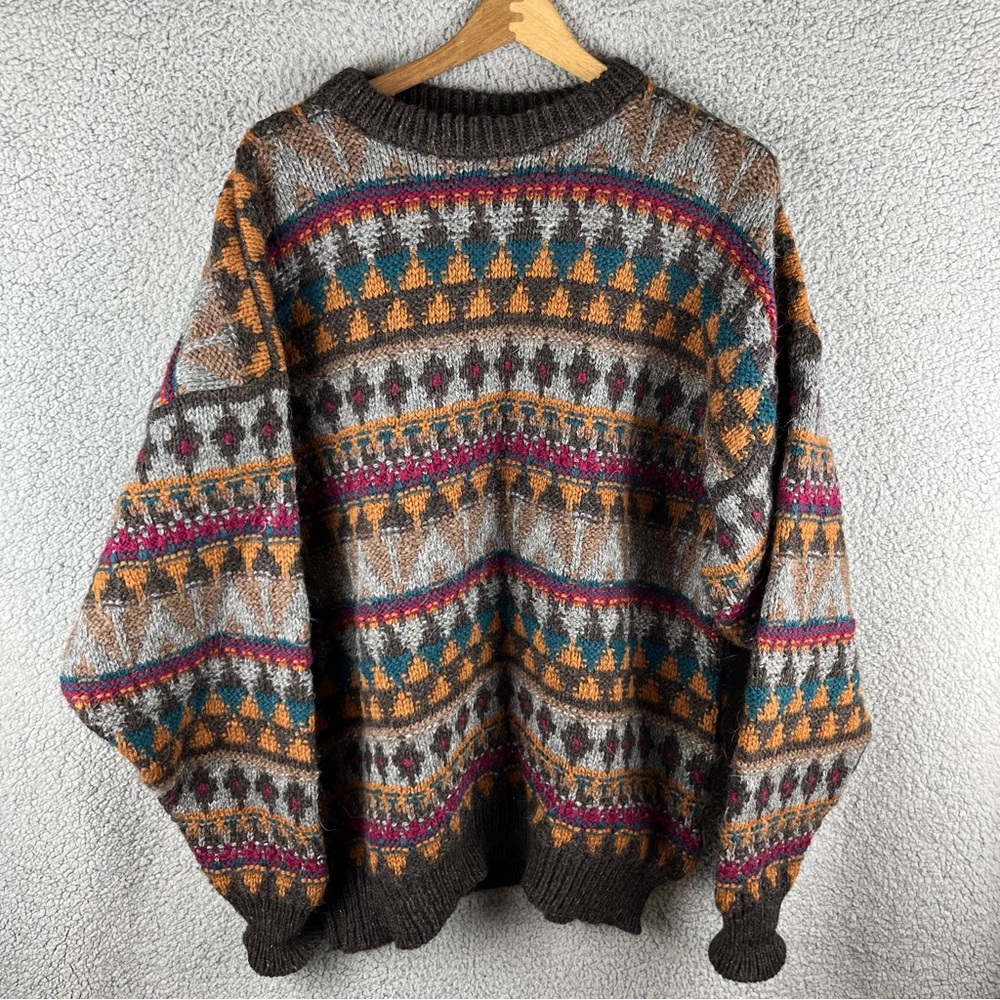 Field Jean Unisex 100% Pure Wool Brown Aztec Patterned Sleeve Sweater Size XL